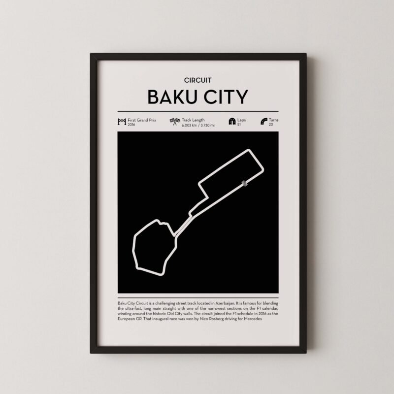 Minimal Baku City Circuit F1 track layout poster for motorsport and racing fans