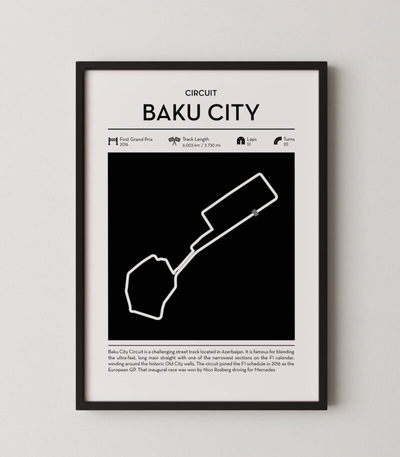 Minimal Baku City Circuit F1 track layout poster for motorsport and racing fans