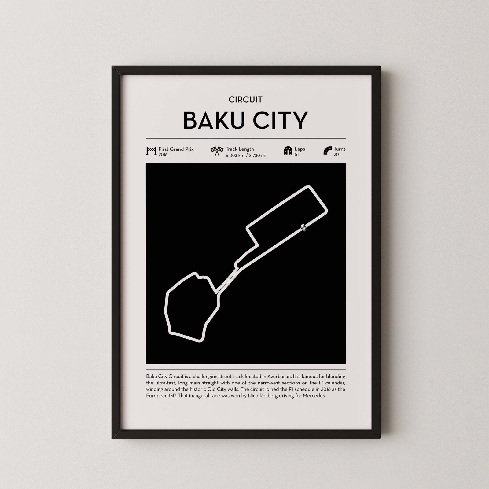 Minimal Baku City Circuit F1 track layout poster for motorsport and racing fans
