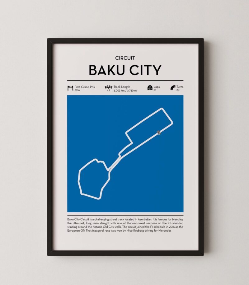 Baku City circuit wall art featuring a clean and modern F1 track map layout