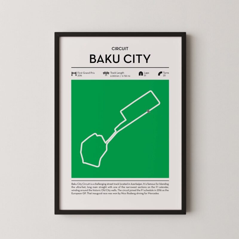 Baku city Formula 1 track map artwork designed for racing and motorsport enthusiasts