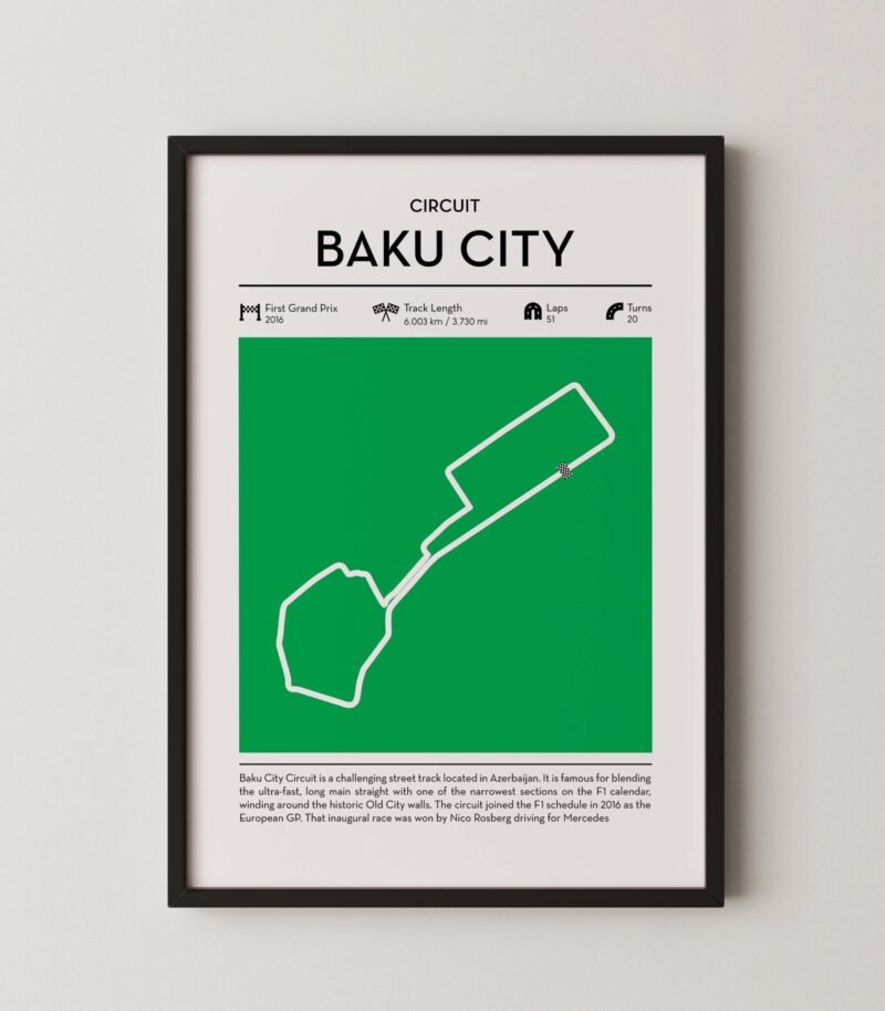 Baku city Formula 1 track map artwork designed for racing and motorsport enthusiasts