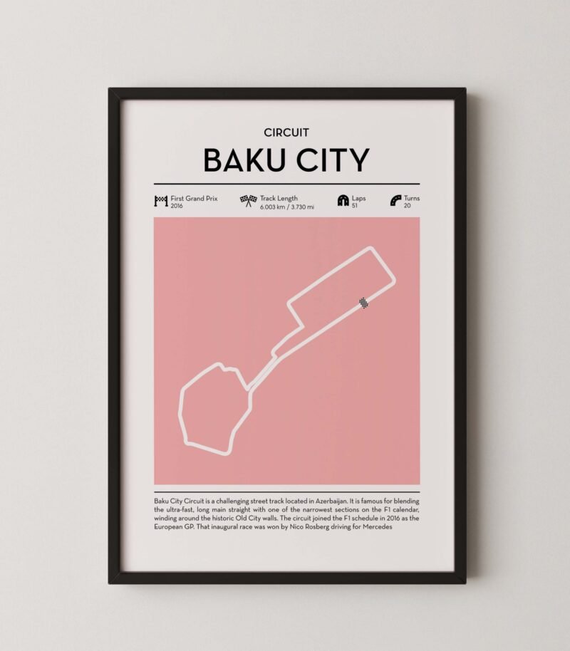 Modern Azerbaijan grand prix circuit poster with minimalist Formula 1 track design