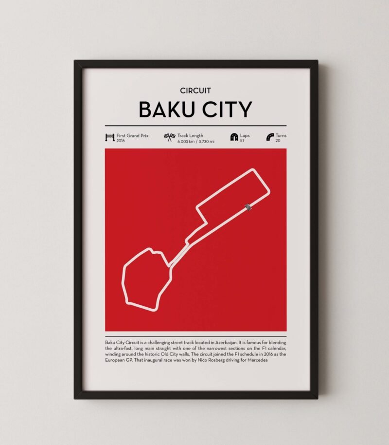 Baku City Circuit Formula 1 circuit map poster in red color minimalist racing wall art