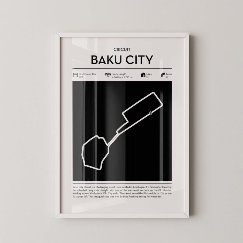 Minimal Baku City Circuit F1 track layout poster for motorsport and racing fans