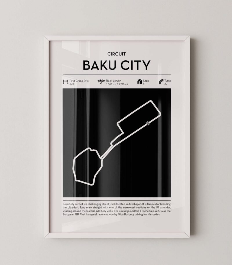 Minimal Baku City Circuit F1 track layout poster for motorsport and racing fans