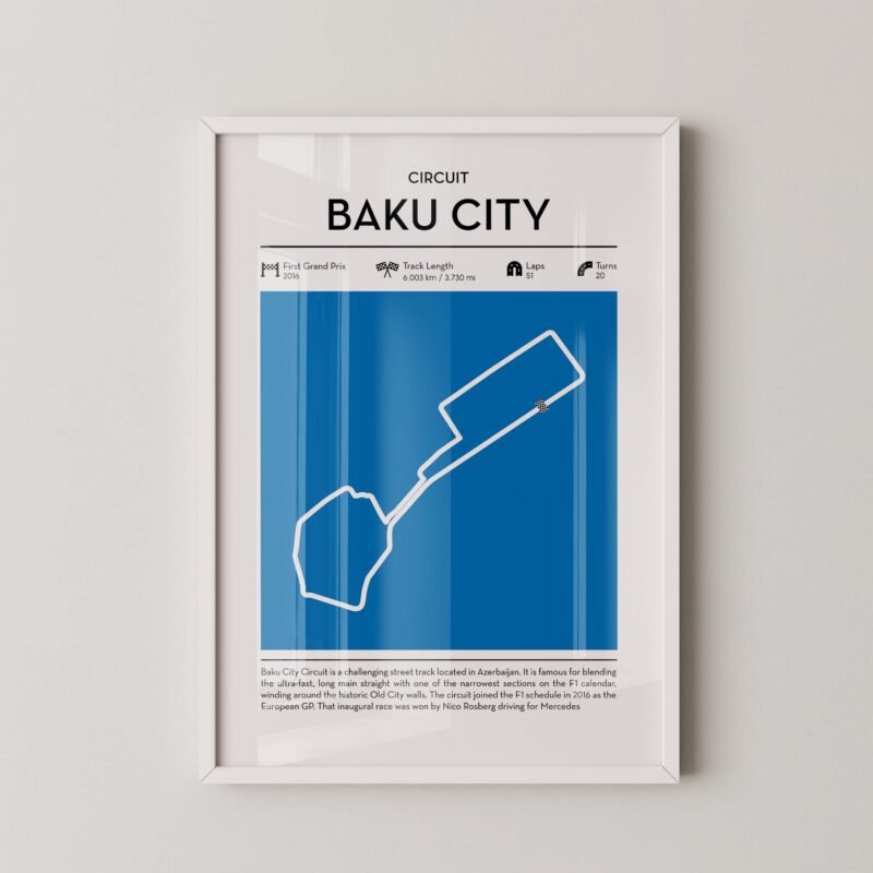 Baku City circuit wall art featuring a clean and modern F1 track map layout