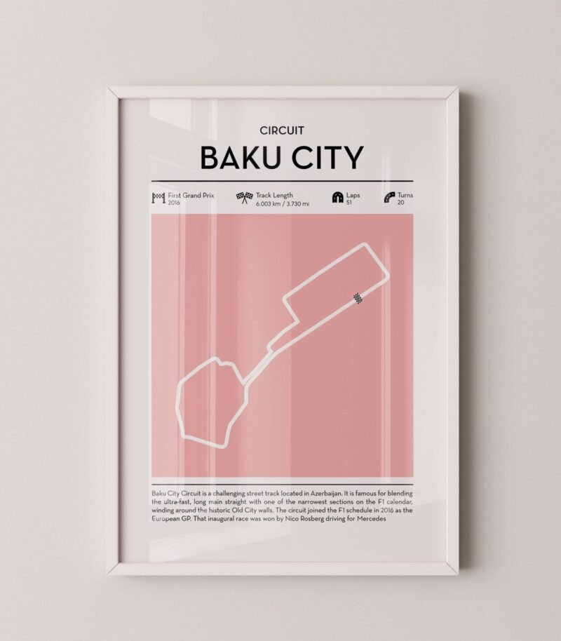 Modern Azerbaijan grand prix circuit poster with minimalist Formula 1 track design