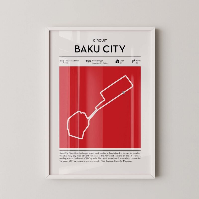 Baku City Circuit Formula 1 circuit map poster in red color minimalist racing wall art