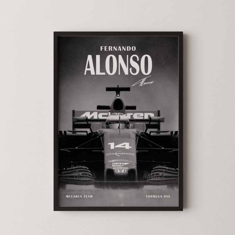 fernando alonso mclaren black and white poster