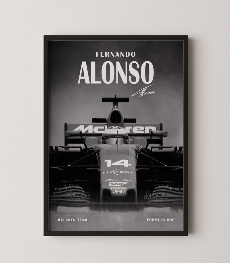 fernando alonso mclaren black and white poster