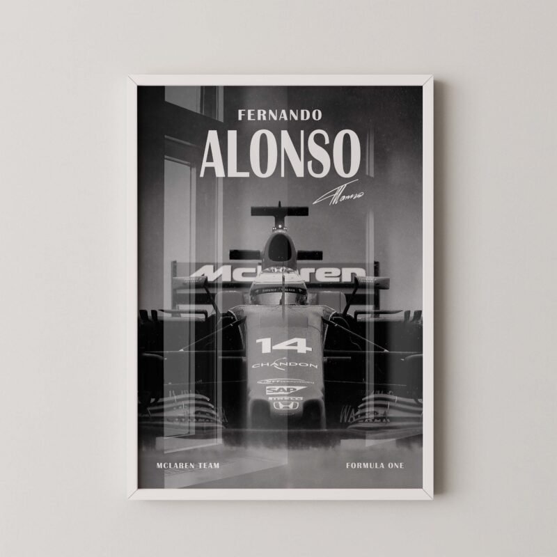 fernando alonso mclaren black and white poster