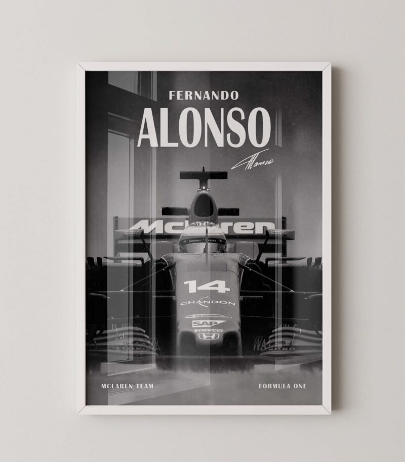 fernando alonso mclaren black and white poster