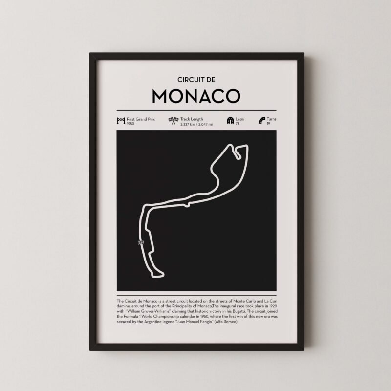 Minimal Monaco F1 track layout poster for motorsport and racing fans