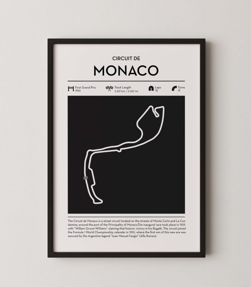 Minimal Monaco F1 track layout poster for motorsport and racing fans