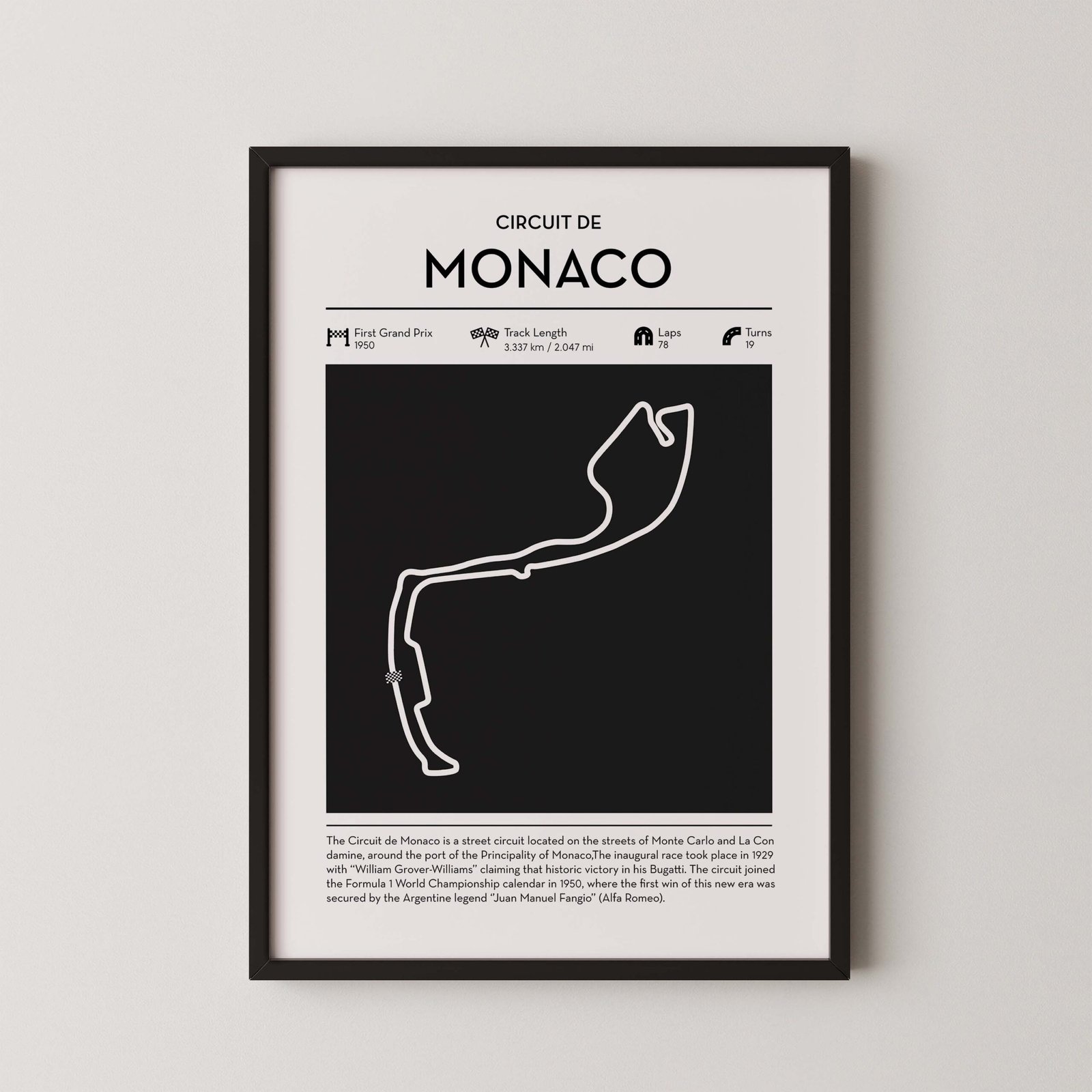 Minimal Monaco F1 track layout poster for motorsport and racing fans