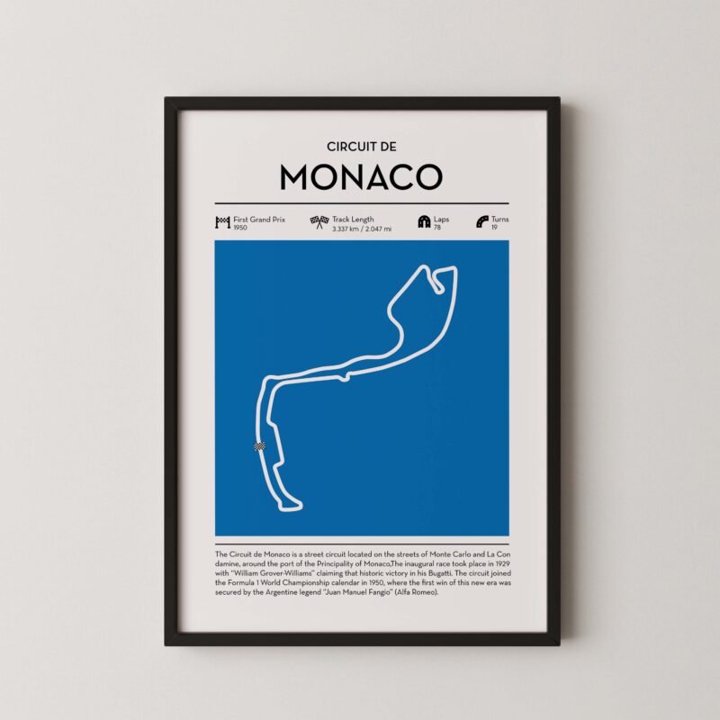 Monaco racing circuit wall art featuring a clean and modern F1 track map layout