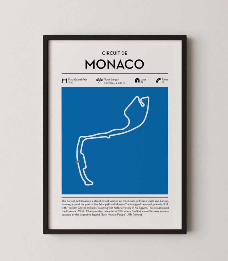 Monaco racing circuit wall art featuring a clean and modern F1 track map layout