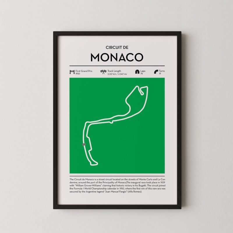Green Monaco Formula 1 track map artwork designed for racing and motorsport enthusiasts