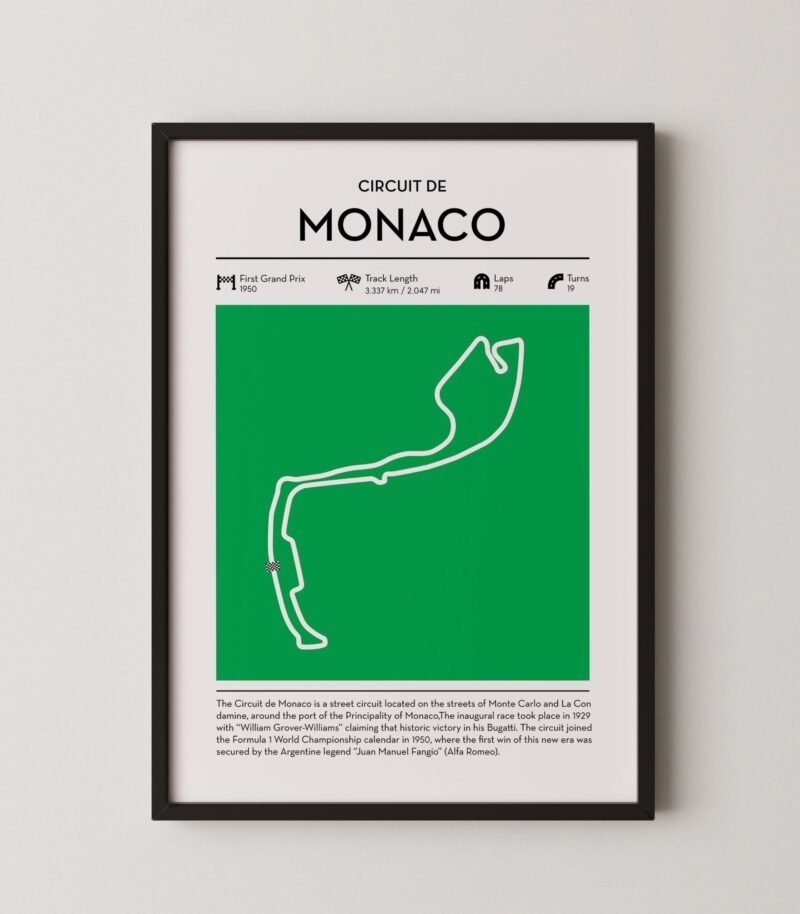 Green Monaco Formula 1 track map artwork designed for racing and motorsport enthusiasts