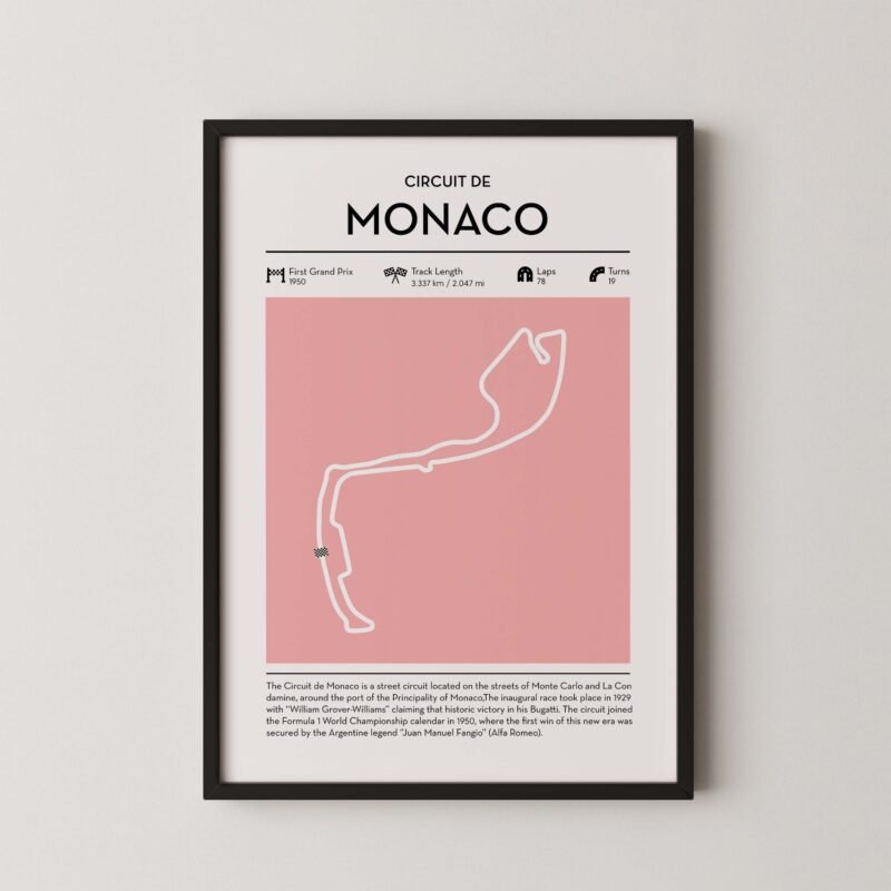 Modern Monaco Grand Prix circuit poster with minimalist Formula 1 track design