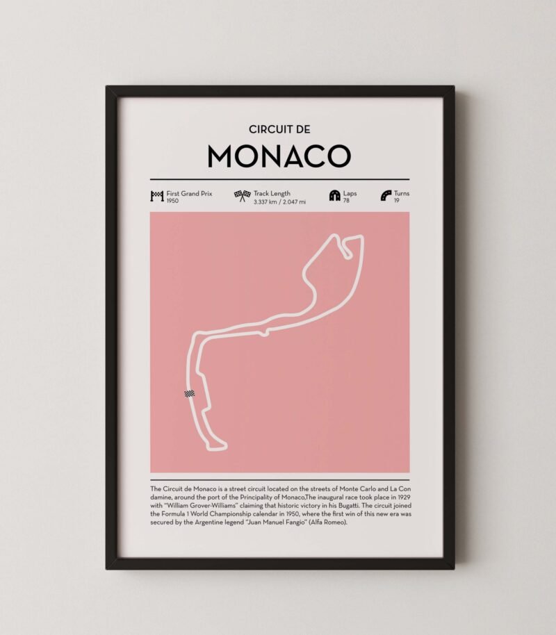 Modern Monaco Grand Prix circuit poster with minimalist Formula 1 track design