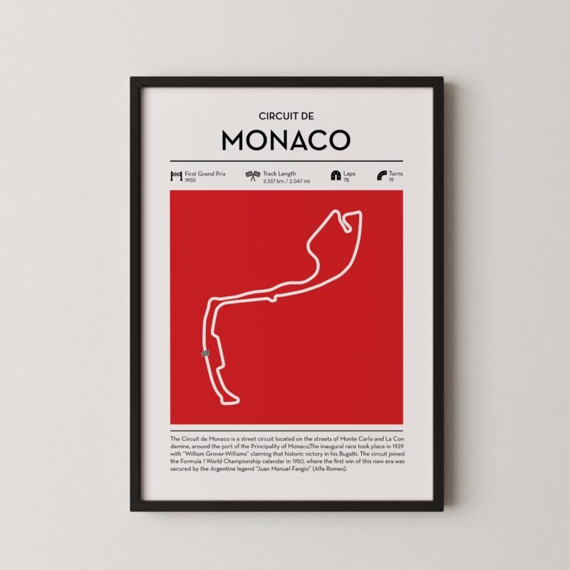 Monaco Formula 1 circuit map poster in red color minimalist racing wall art