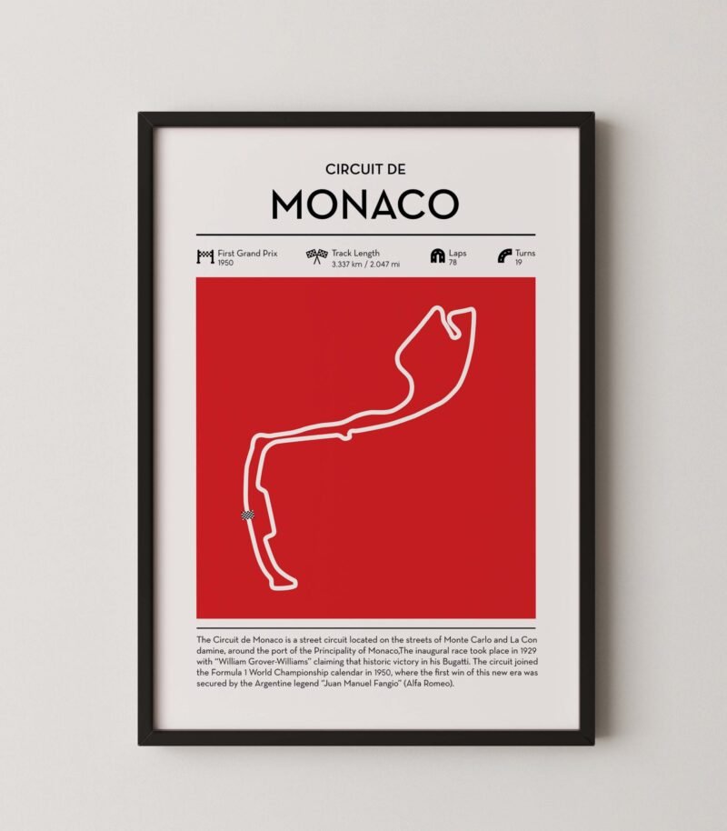 Monaco Formula 1 circuit map poster in red color minimalist racing wall art