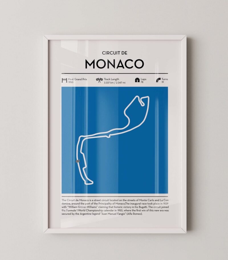 Monaco racing circuit wall art featuring a clean and modern F1 track map layout