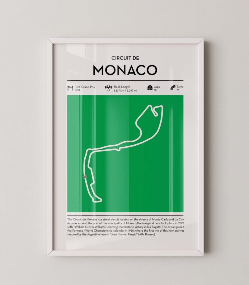 Green Monaco Formula 1 track map artwork designed for racing and motorsport enthusiasts