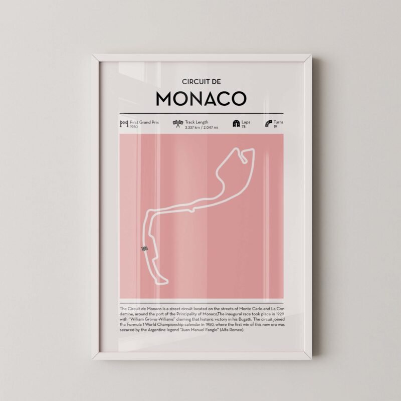 Modern Monaco Grand Prix circuit poster with minimalist Formula 1 track design