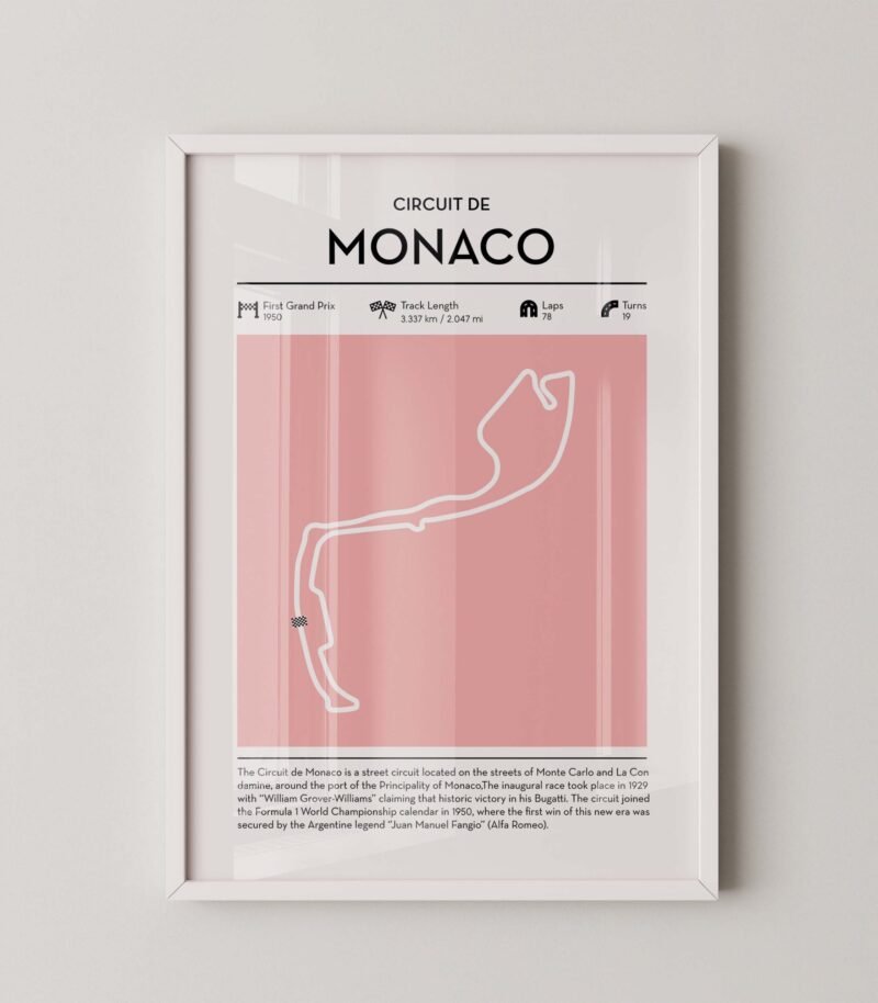 Modern Monaco Grand Prix circuit poster with minimalist Formula 1 track design