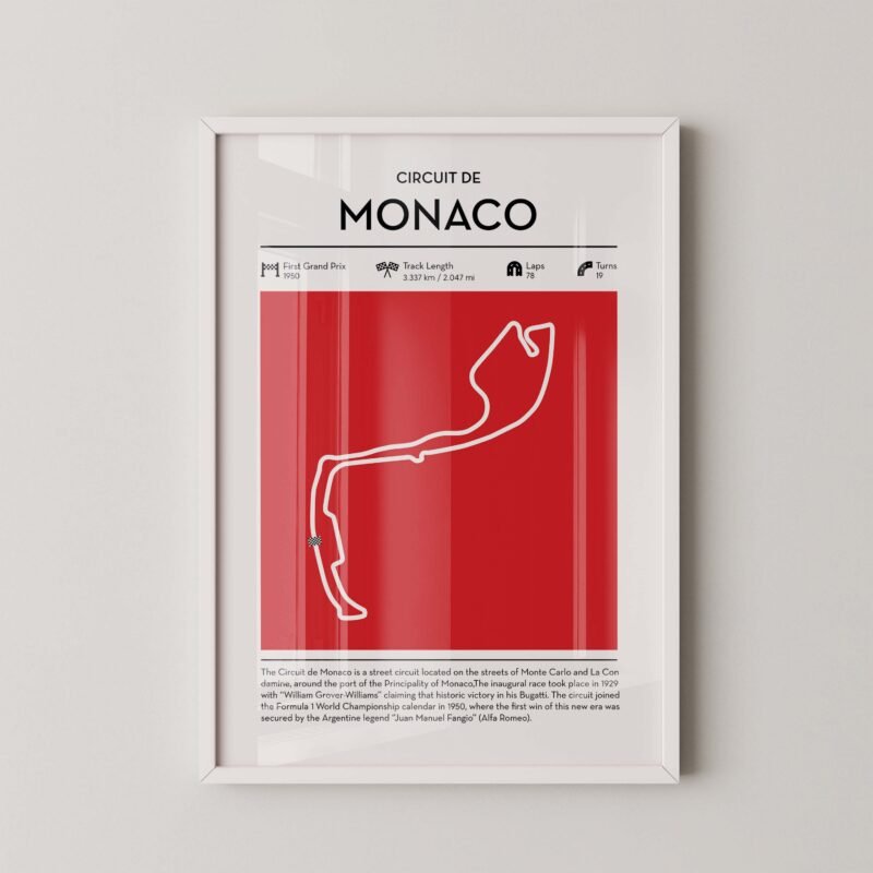Monaco Formula 1 circuit map poster in red color minimalist racing wall art