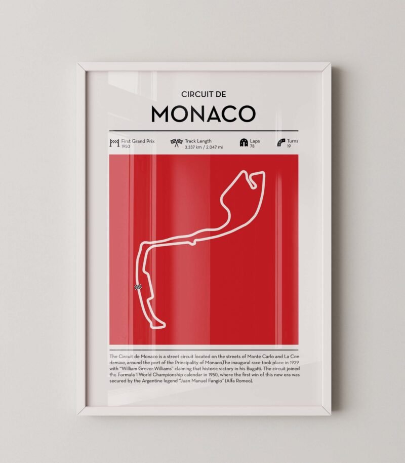 Monaco Formula 1 circuit map poster in red color minimalist racing wall art