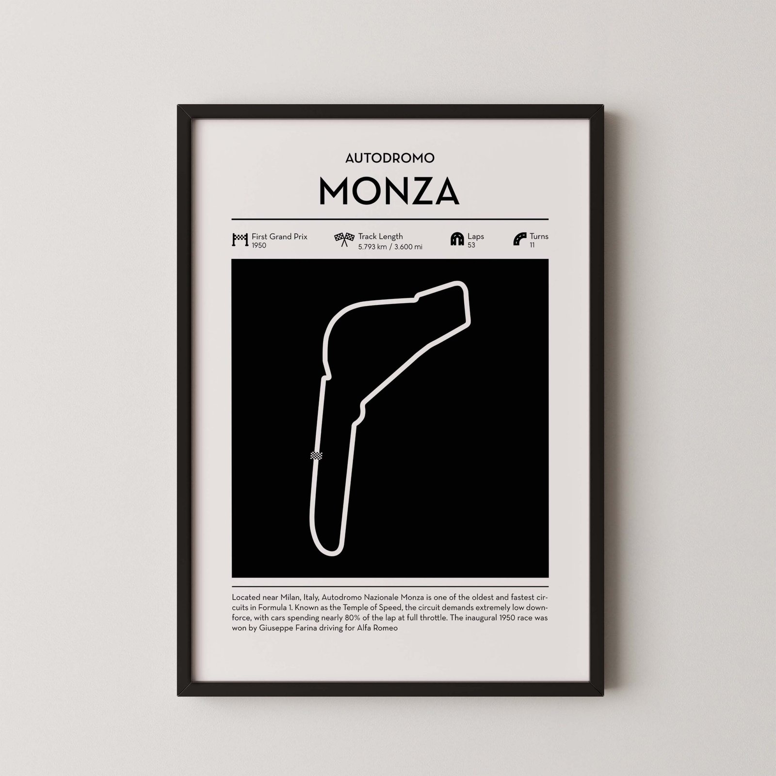 Monza racing circuit wall art featuring a clean and modern F1 track map layout