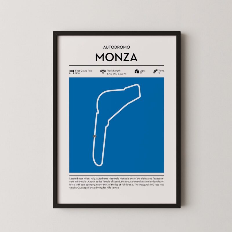 Minimal Monza F1 track layout poster for motorsport and racing fans