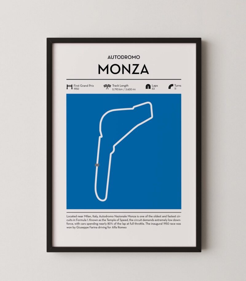 Minimal Monza F1 track layout poster for motorsport and racing fans