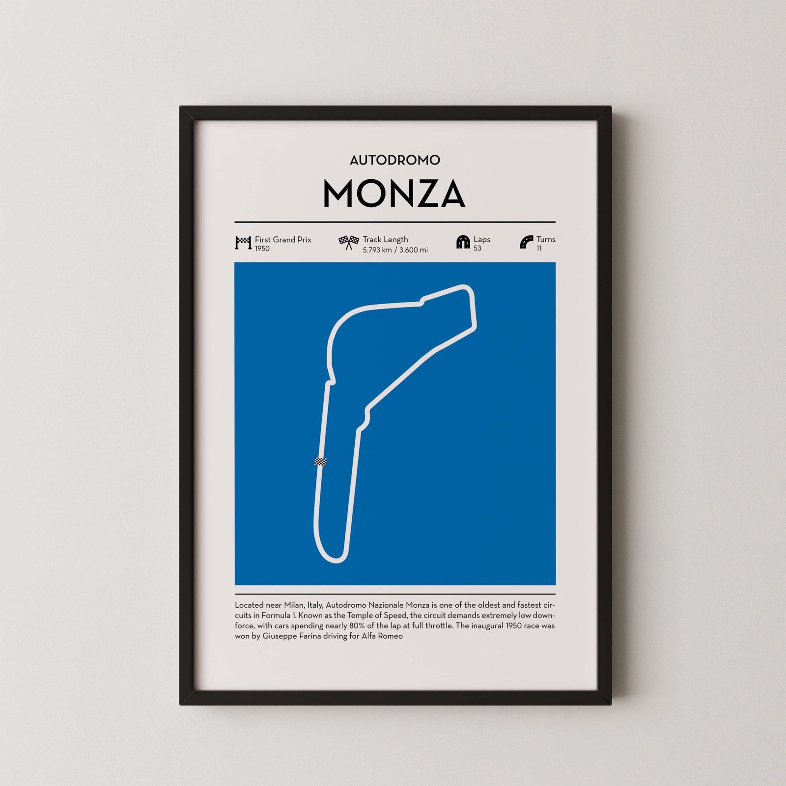 Minimal Monza F1 track layout poster for motorsport and racing fans