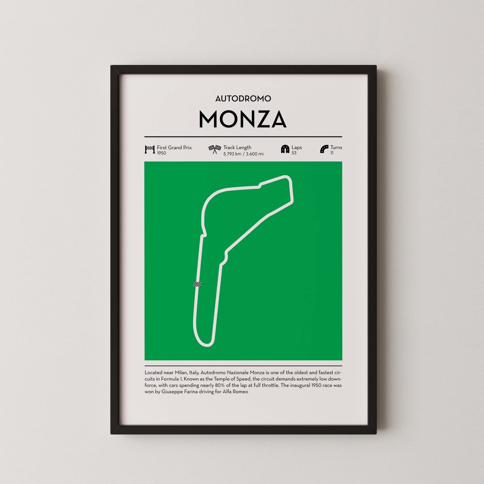 Monza Formula 1 circuit map poster in red color minimalist racing wall art