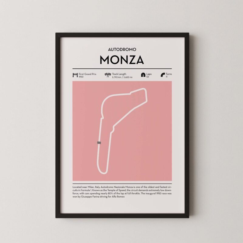 Modern Monza Grand Prix circuit poster with minimalist Formula 1 track design