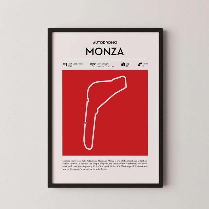 Red Monza Formula 1 track map artwork designed for racing and motorsport enthusiasts