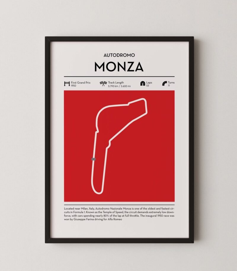 Red Monza Formula 1 track map artwork designed for racing and motorsport enthusiasts