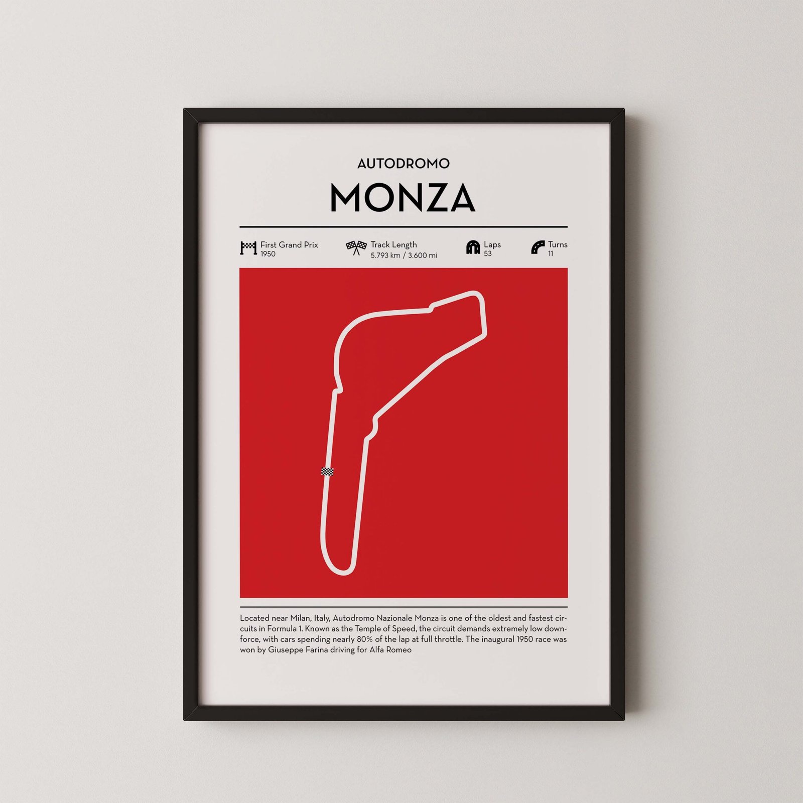 Red Monza Formula 1 track map artwork designed for racing and motorsport enthusiasts