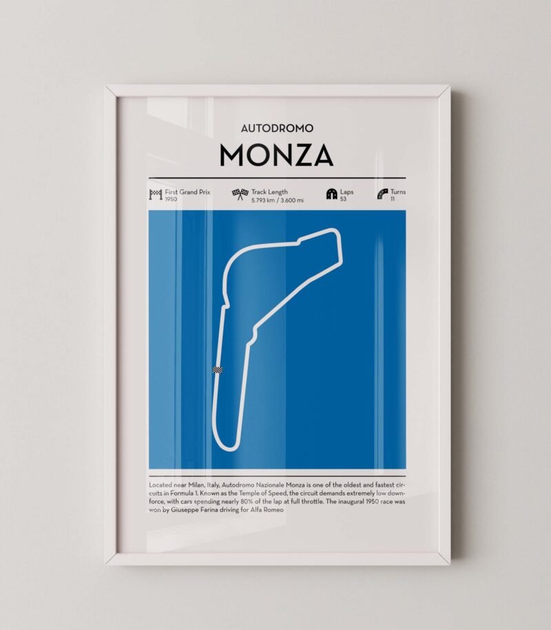 Minimal Monza F1 track layout poster for motorsport and racing fans