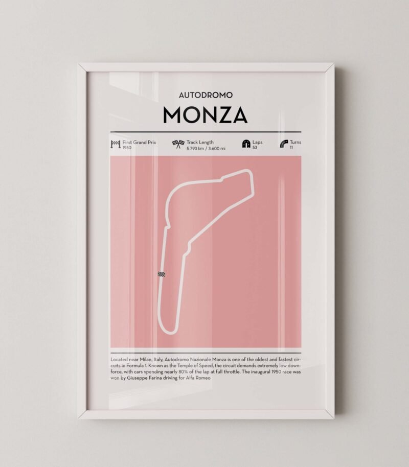 Modern Monza Grand Prix circuit poster with minimalist Formula 1 track design