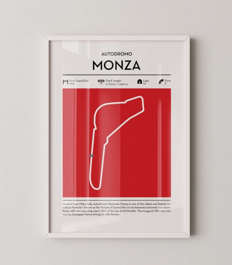 Red Monza Formula 1 track map artwork designed for racing and motorsport enthusiasts
