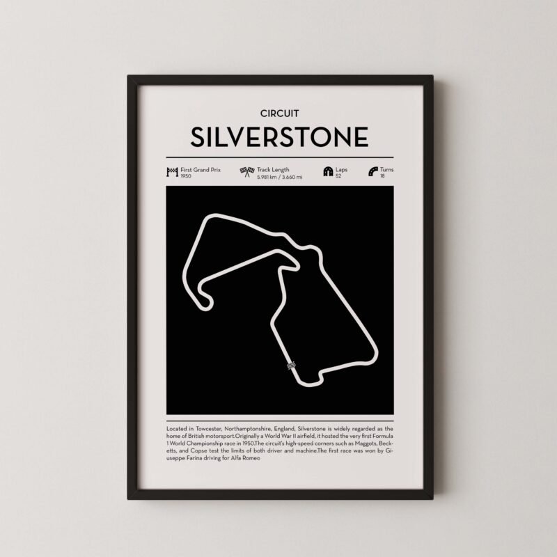 Minimal Silverstone F1 track layout poster for motorsport and racing fans