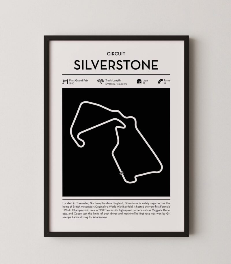 Minimal Silverstone F1 track layout poster for motorsport and racing fans