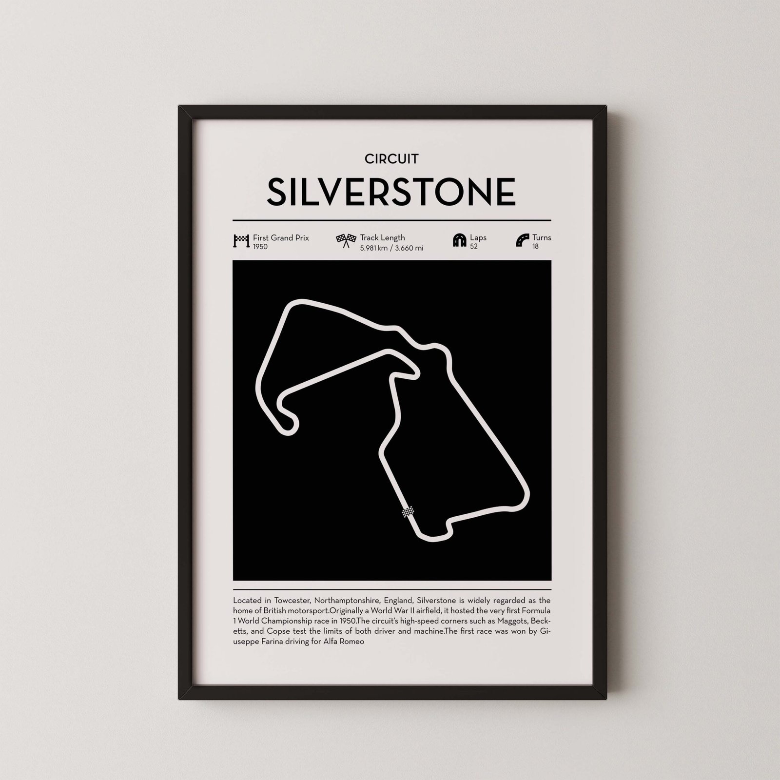Minimal Silverstone F1 track layout poster for motorsport and racing fans