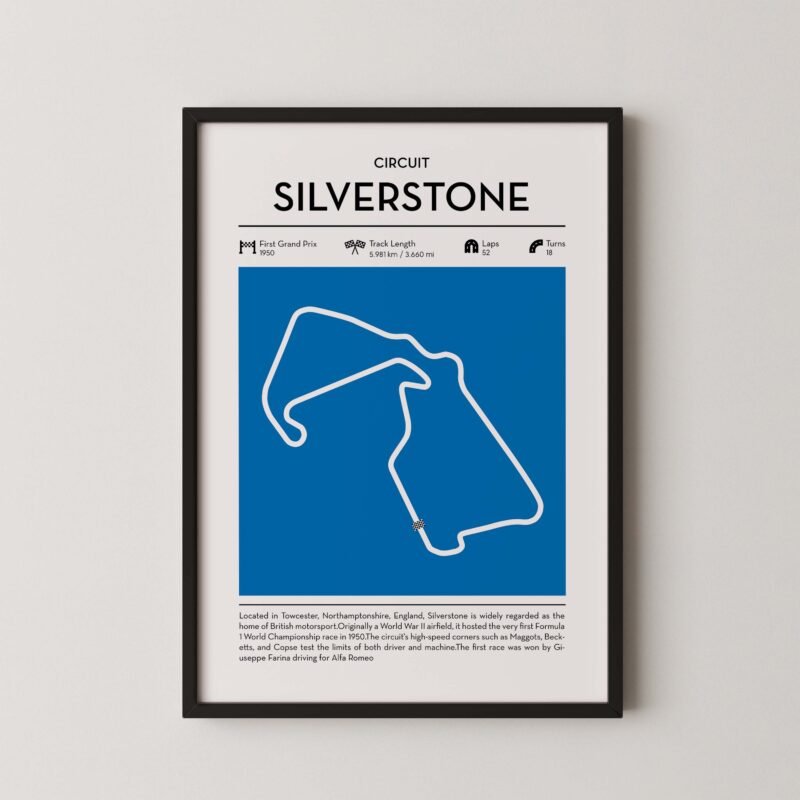 Silverstone racing circuit wall art featuring a clean and modern F1 track map layout
